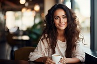 Latina brazilian woman coffee sitting smile. 