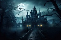 Spooky old gothic castle night architecture building. 
