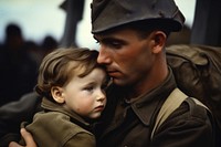 Patriotic serviceman embracing his child military portrait photo. AI generated Image by rawpixel.
