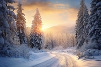 Snowy road tree landscape panoramic. 