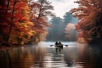Couple paddling a canoe autumn vehicle rowboat. AI generated Image by rawpixel.