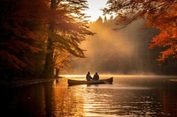 Couple paddling a canoe autumn outdoors vehicle. AI generated Image by rawpixel.