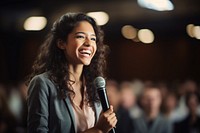Microphone smiling smile adult. AI generated Image by rawpixel.