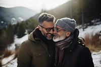 Mature gay couple embracing tree photography mountain. AI generated Image by rawpixel.