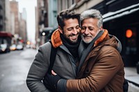Mature gay couple embracing laughing romance street. AI generated Image by rawpixel.