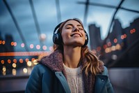 Headphones smile cityscape adult. AI generated Image by rawpixel.