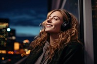Headphones cityscape laughing music. AI generated Image by rawpixel.