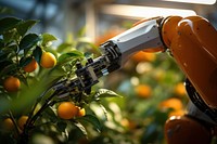 A robotic arm delicately holding a ripe orange agriculture technology plant. 