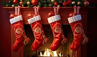 Four red Christmas stocking hanging above a fireplace christmas gift sock. 