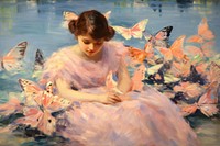 Flying butterflies painting portrait drawing. AI generated Image by rawpixel.