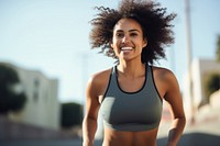 Black american woman running outdoors sports smile. AI generated Image by rawpixel.