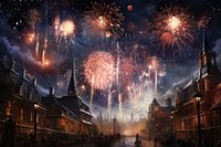 Fireworks outdoors city architecture. AI generated Image by rawpixel.
