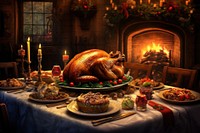 Christmas dinner fireplace table food. AI generated Image by rawpixel.