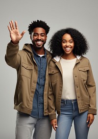 Black couple portrait laughing jacket. AI generated Image by rawpixel.