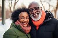Happy black senior couple wearing a winter jacket portrait glasses scarf. AI generated Image by rawpixel.
