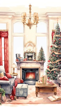 Christmas living room wallpaper fireplace furniture chair. AI generated Image by rawpixel.