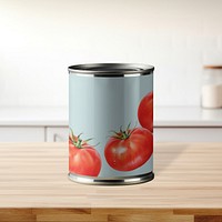 Canned tomato tin on wooden table