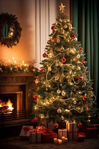 Christmas tree fireplace hearth night. AI generated Image by rawpixel.