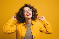 Joyful woman laughing glasses yellow. AI generated Image by rawpixel.