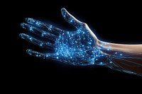 A futuristic digital hand glowing blue electronics. 