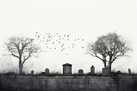 Impression lock of birds perched in the cemetery tombstone outdoors flock. AI generated Image by rawpixel.