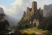 Medieval valley landscape painting architecture building. AI generated Image by rawpixel.