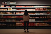 Woman grocery shopping in supermarket. 