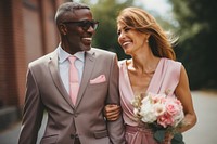 Bride and groom walking together laughing wedding adult. AI generated Image by rawpixel.