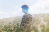 Man and field portrait photography outdoors. 