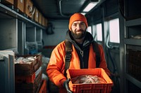 Serious fisherman standing holding adult. 