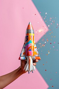 Hand holding a toy rocket celebration spacecraft spaceplane. AI generated Image by rawpixel.