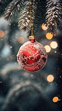Red ornament christmas tree snow. AI generated Image by rawpixel.