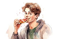 Teenage boy eating a pizza cartoon adult food. AI generated Image by rawpixel.
