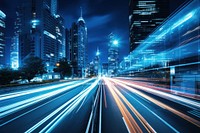 Light trails above buildings architecture metropolis cityscape. AI generated Image by rawpixel.