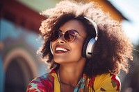 African American woman headphones glasses headset. AI generated Image by rawpixel.