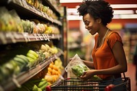 African American woman supermarket groceries shopping. 