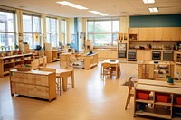 Kindergarten classroom Montessori learning furniture chair wood. AI generated Image by rawpixel.