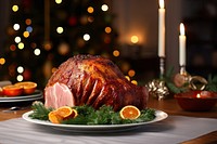Christmas baked ham dinner candle table. AI generated Image by rawpixel.