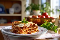 Italian lasagne plate food dish. 