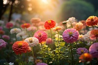 Zinnias garden sunlight outdoors blossom. AI generated Image by rawpixel.