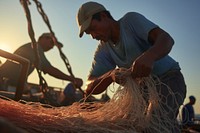 Men working on fishing net using an anchor on fishing ship outdoors adult farm. AI generated Image by rawpixel.