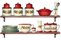 PNG Christmas printed kitchen ware porcelain shelf food. AI generated Image by rawpixel.