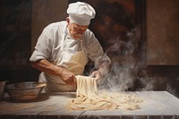Chef making pasta adult concentration freshness. 
