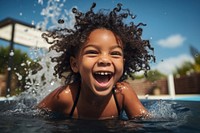 Black ilttle girl having fun relaxing outdoor pool swimming laughing portrait. AI generated Image by rawpixel.