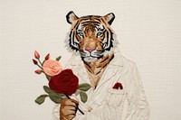 Simple tiger wear cloth holding roses embroidery pattern animal. AI generated Image by rawpixel.