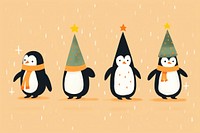 4 penguins dancing around christmas tree outdoors animal winter. 