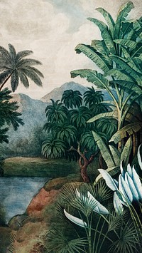 Exotic jungle iPhone wallpaper, vintage illustration. Remixed by rawpixel.