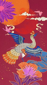 Japanese crane bird iPhone wallpaper, vintage illustration. Remixed by rawpixel.