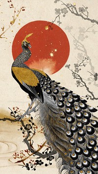 Japanese peacock  iPhone wallpaper, vintage animal illustration. Remixed by rawpixel.