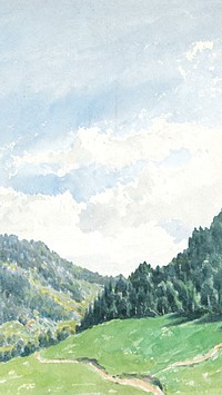 Mountain landscape border iPhone wallpaper, vintage nature illustration by Friedrich Carl von Scheidlin. Remixed by rawpixel.